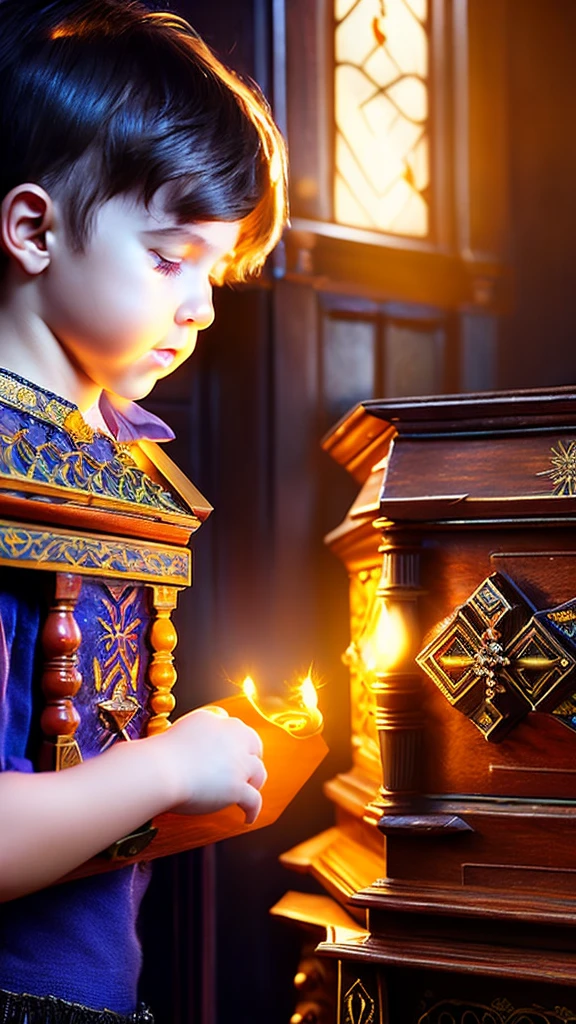 a young boy opening a mimic chest, beautiful detailed eyes, beautiful detailed lips, extremely detailed eyes and face, long eyelashes, intricate fantasy setting, ornate wooden chest, glowing magical effect, moody lighting, cinematic composition, dramatic lighting, digital art, highly detailed, 8k, photorealistic, masterpiece, concept art, fantasy art, mystery, suspense