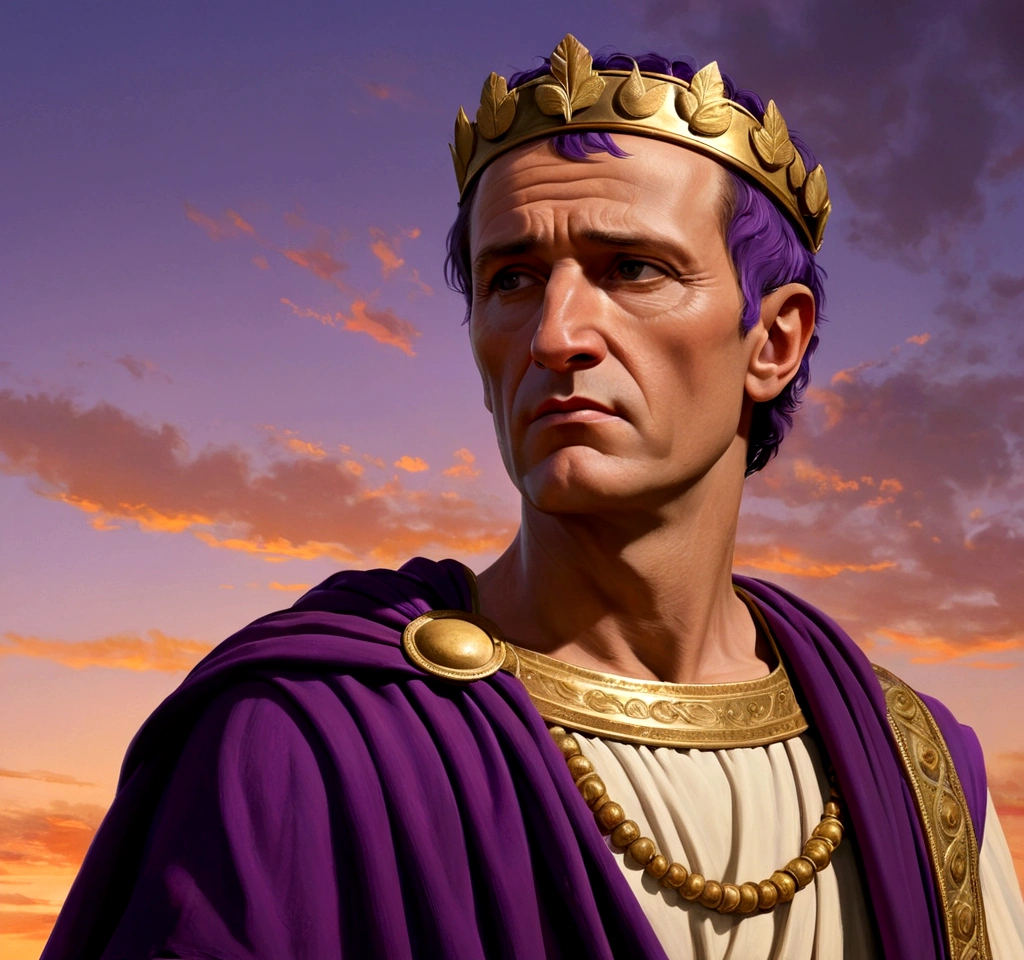 The painting depicts Julius Caesar, Emperor of Rome, facing the observer, his expression is serene and authoritative, he wears a richly adorned purple imperial toga, a golden laurel crown rests on his head, his gaze is piercing and conveys wisdom and power, in the background, Roman columns and a twilight sky add majesty to the scene, the soft lighting highlights the details of his face and attire, creating a depth and realism effect characteristic of the Renaissance.