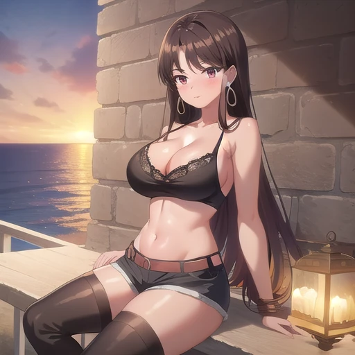 ((masterpiece)),(Highest quality),Official Art,Highly detailed CG,unity 8k wallpaper,Super detailed,Lighthouse on top of a cliff by the sea,One girl,alone,Up to the knees,(Portraiture:1.2),Cleavage,Long Hair,Leather shorts,Brown Hair,jewelry,Bare shoulders,Hoop Earrings,Lace top stockings,belly button,Red eyes,Brown eyes,Black Midriff,Large Breasts,Black Hair,Knee-high boots,