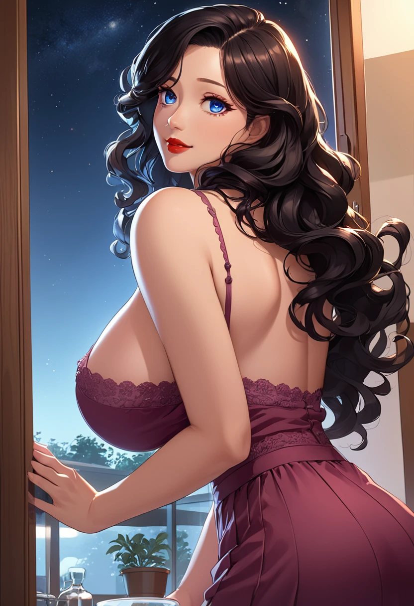detailed illustration (side view),dynamic angle,ultra-detailed, detailed eyes, detailed face,
 1girl, night , nightime, stars, 1950 wife, button up blouse and long skirt, anime half closed eyes, lidded eyes, knowing smile, mischievous smile, standing in kitchen, domestic goddess, black hair, , wholesome yet , motherly, nurturing, , glass sliding door, moonscape outside, dark blue eyes, highly detailed eyes, detailed eyes, bright eyes, long hair, wavy hair, red lips
