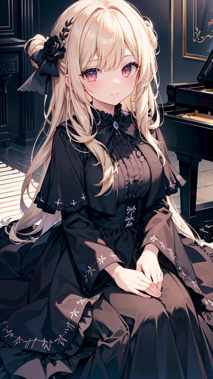 1 girl、solo、length hair、piano、Red Eyes、doress、Black Dress、Luxurious dresses、Black tights、Light blonde hair、Particles of light、mournful smile、Stand in front of the piano in the hall、Stand in front of the piano、spot light、Black Rose Motif Dress、bangss、Piano Headrest、Tilt of the neck、Black roses、beatiful detailed eyes、Detailed background、1 crow、Black feathers flutter、piano、Black Rose、Glass、(Black Dress:1.4)、Dresses are black only、(Girl sitting on ground piano:1.4)、chains、Luminous chain、Magic Chains、Magic butterfly々、A crow flies around the girl