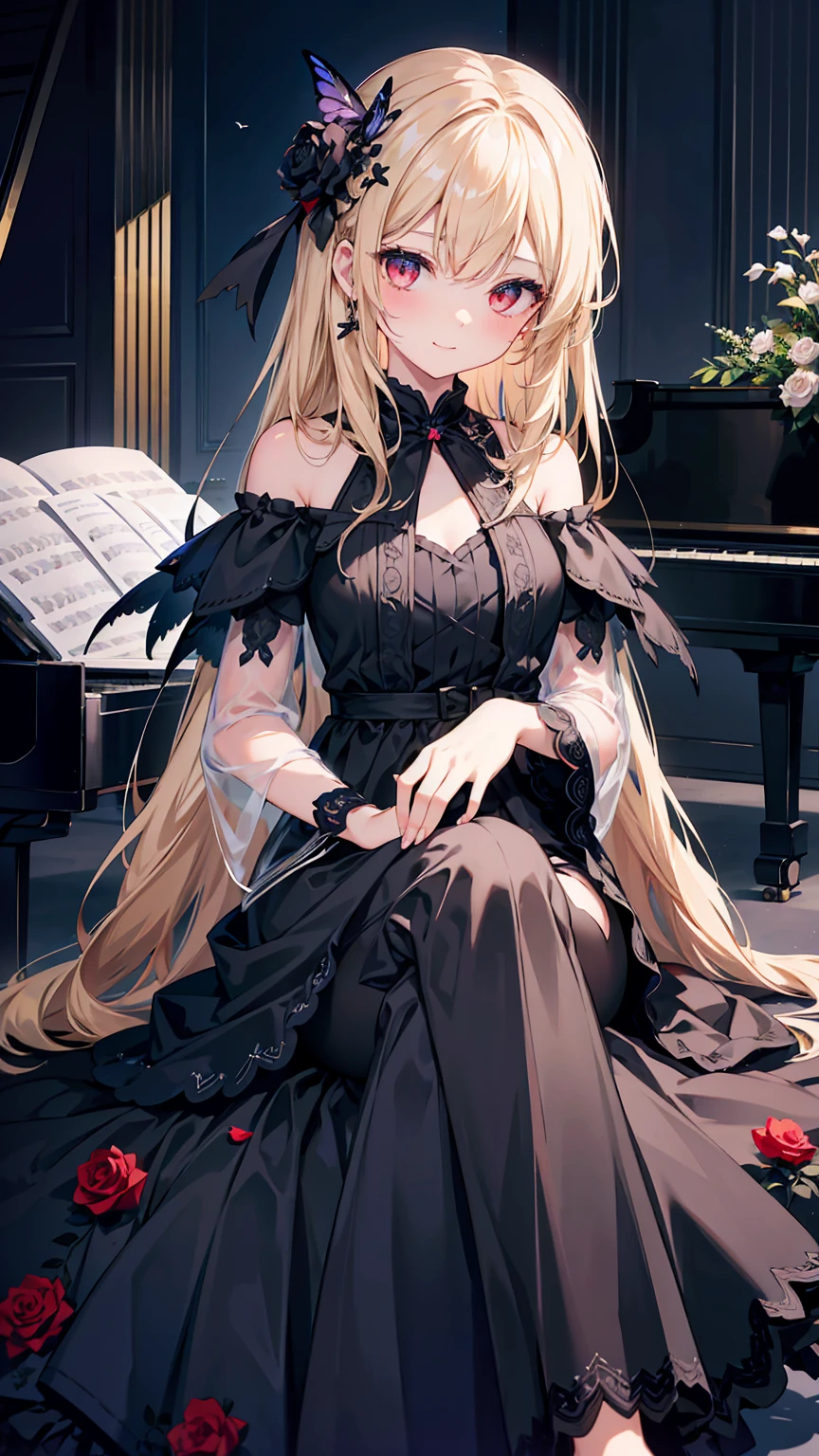 1 girl、solo、length hair、piano、Red Eyes、doress、Black Dress、Luxurious dresses、Black tights、Light blonde hair、Particles of light、mournful smile、Stand in front of the piano in the hall、Stand in front of the piano、spot light、Black Rose Motif Dress、bangss、Piano Headrest、Tilt of the neck、Black roses、beatiful detailed eyes、Detailed background、1 crow、Black feathers flutter、piano、Black Rose、Glass、(Black Dress:1.4)、Dresses are black only、(Girl sitting on ground piano:1.4)、chains、Luminous chain、Magic Chains、Magic butterfly々、A crow flies around the girl