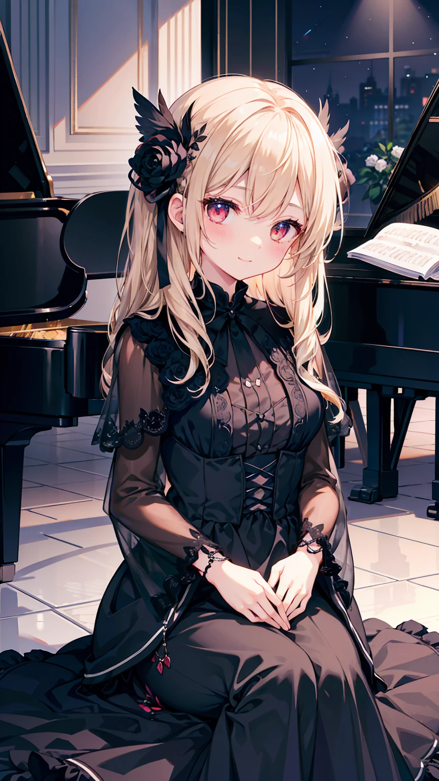 1 girl、solo、length hair、piano、Red Eyes、doress、Black Dress、Luxurious dresses、Black tights、Light blonde hair、Particles of light、mournful smile、Stand in front of the piano in the hall、Stand in front of the piano、spot light、Black Rose Motif Dress、bangss、Piano Headrest、Tilt of the neck、Black roses、beatiful detailed eyes、Detailed background、1 crow、Black feathers flutter、piano、Black Rose、Glass、(Black Dress:1.4)、Dresses are black only、(Girl sitting on ground piano:1.4)、chains、Luminous chain、Magic Chains、Magic butterfly々、A crow flies around the girl