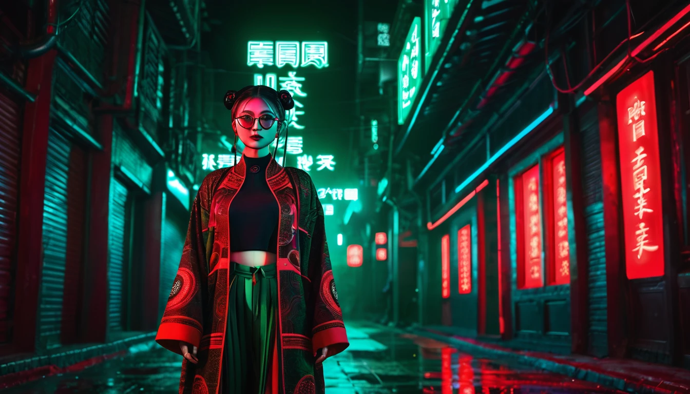 Dark night cyberpunk background，Neon，Full body shot，Red and dark green national trend style，woman，Chinese clothing，手持Neon，With round black glasses，Facial details，Detailed wide-angle shot，High Definition Rendering