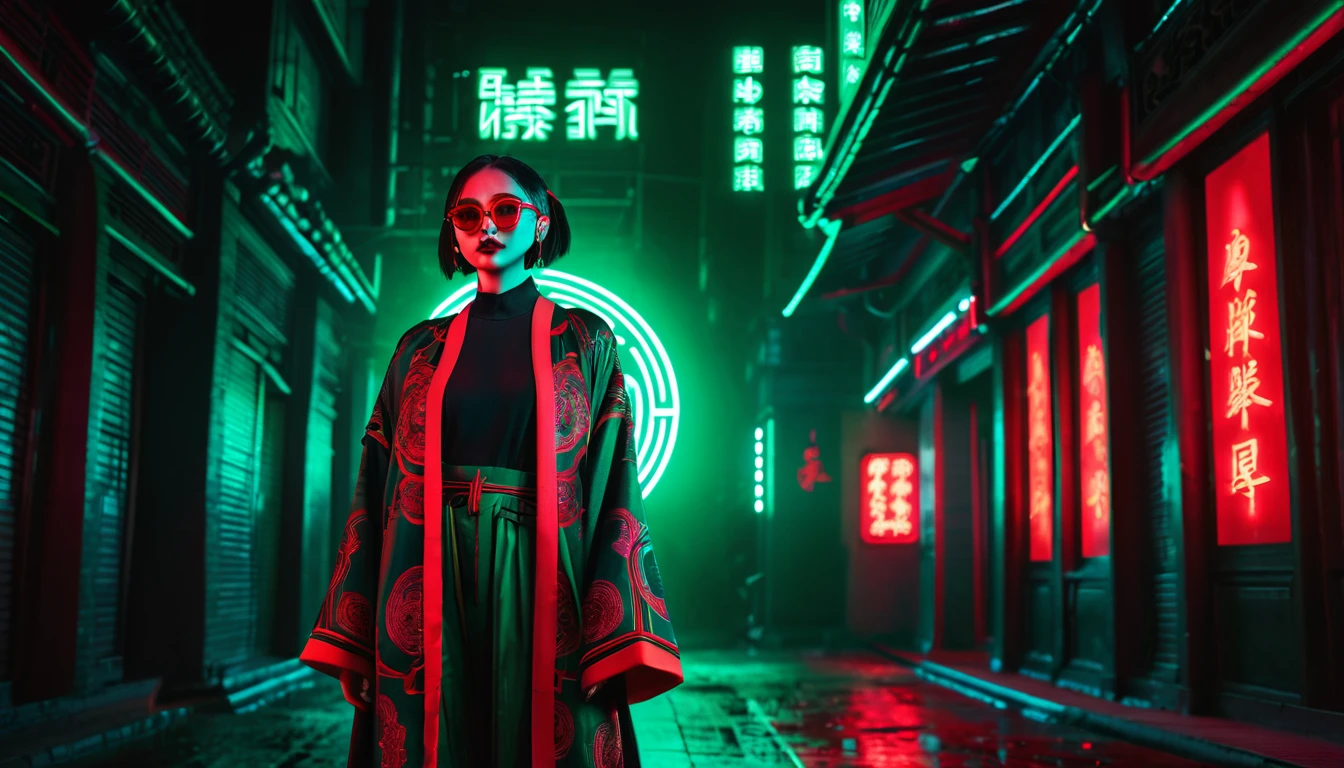 Dark night cyberpunk background，Neon，Full body shot，Red and dark green national trend style，woman，Chinese clothing，手持Neon，With round black glasses， details，Detailed wide-angle shot，High Definition Rendering