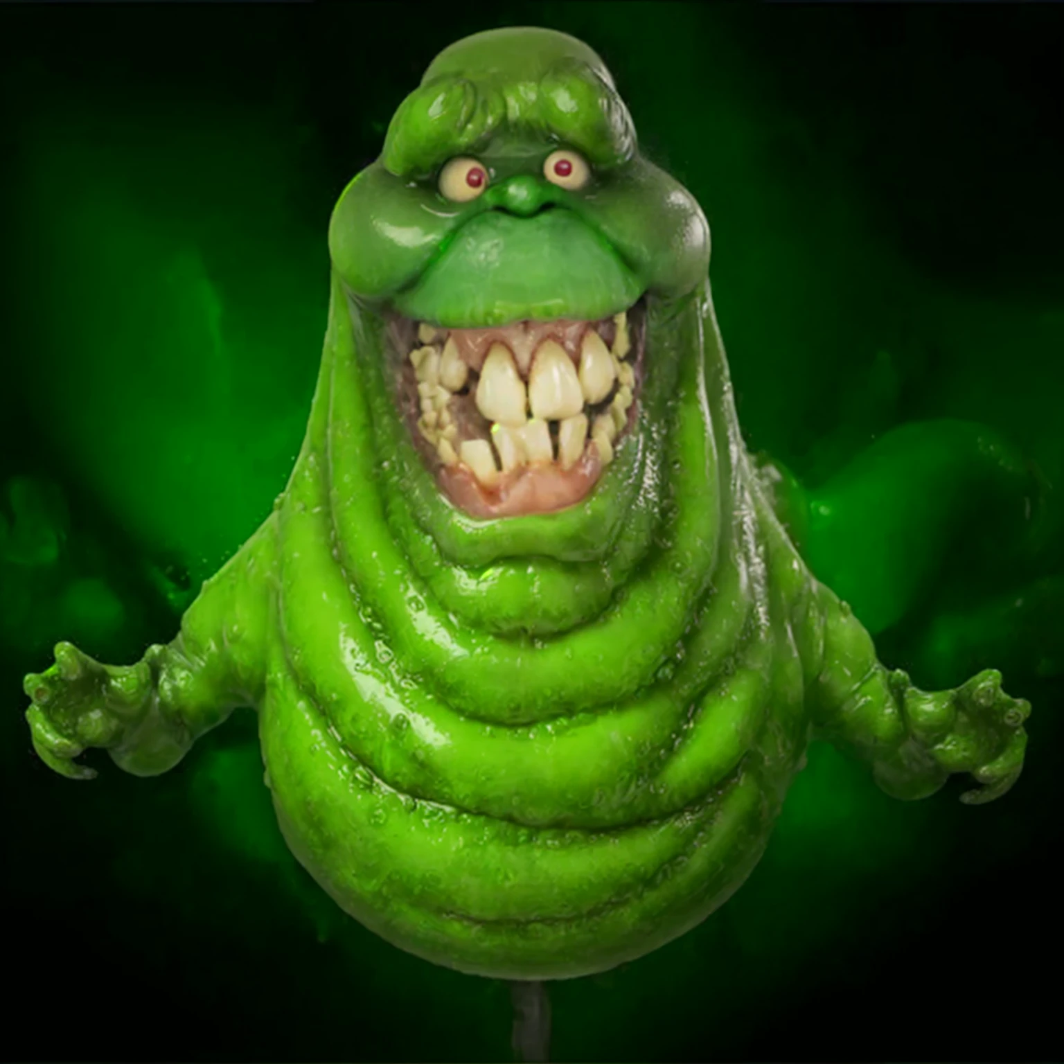 a close up, photograph, masterpiece of a green creature face perfectly defined, with a toothy smile, slimmer, ghostbusters character, 90s CGI, slimy and gelatinous slimy, gelatinous with a smile, grimace, fat and ripped creature, slime monster