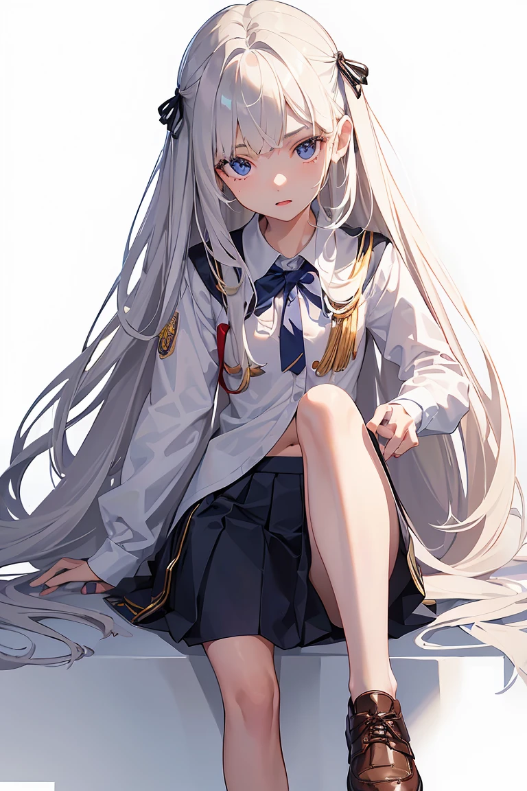 a cut girl with long hair, wearing school uniform, full-body, white background, clean background, full body shot:1.5,Detailed face,detailed eyes,detailed nose,detailed mouth,((UHD,masterpiece,super detail,award winning:1.4,best quality:1.2,highres,high quality))