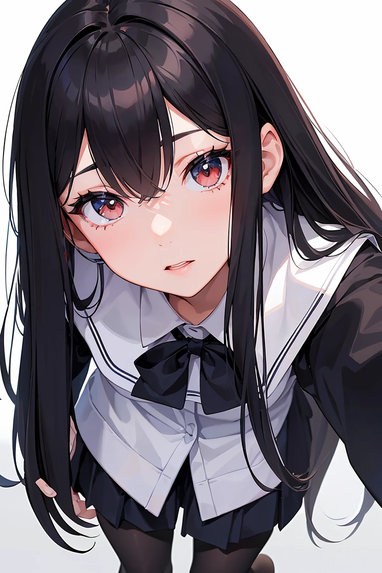 a cut girl with long hair, wearing school uniform, full-body, white background, clean background, full body shot:1.5,Detailed face,detailed eyes,detailed nose,detailed mouth,((UHD,masterpiece,super detail,award winning:1.4,best quality:1.2,highres,high quality))