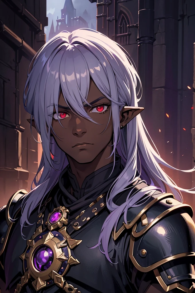 masterpiece, best quality, ultra high res, dark theme, 1boy, (dungeonpunk armor), (steampunk armor), (wearing armor)fantasy illustration, dark skinned, human, upper body, portrait, red eyes, long white hair, half-drow, pointy ears, serious face, young man, dramatic lighting, purple hue, art by Kinema Citrus