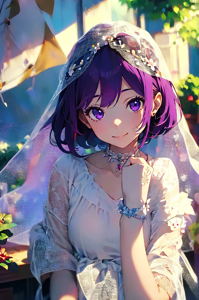 ​masterpiece、high detail girls（（solo、a beauty girl、doress、Hair ornaments with attention to detail、Hair is tied up））、purple color  hair、good、Short Bob、Transcendent smile、smile、Background with((fantastic wedding))、Glowing flower garden、diamond flower、gem stones