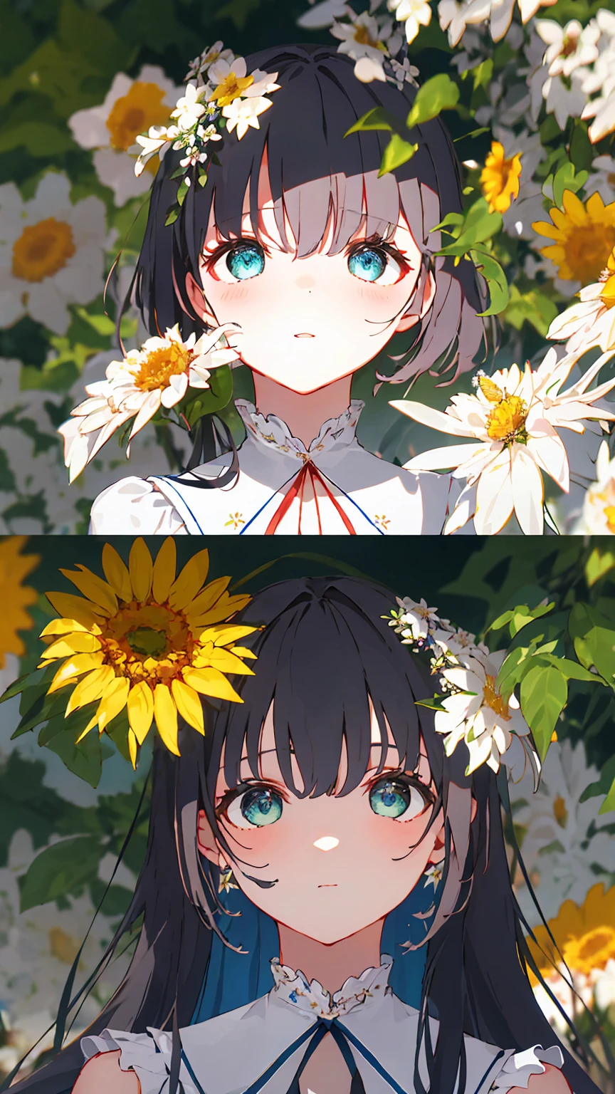 (absurderes,A high resolution,ultra - detailed),1girll,a matural female,long whitr hair,bluntbangs,shift dresses,Fine eyes and detailed face,Extremely detailed Cg Unity 8K wallpaper,intricately details,Break,Kaleidoscopic image、Symmetrical pattern、vivd colour、geometric shapes、flattering design、optical illusions、Dynamic composition break、The art of pantomime、Expressive body language、Silent storytelling、Evocative gestures、Visual storytelling、Theatrical performances break free、flowers in full bloom、Colorful petals、Fragrant smell、Nature's gift,Vibrant garden,peaceful scenery