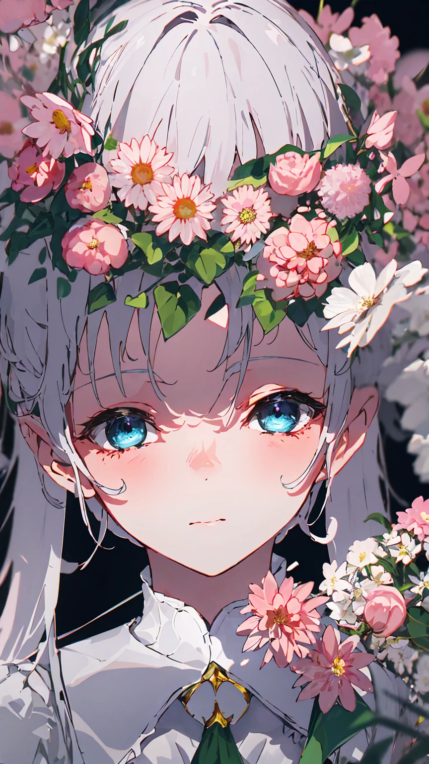(absurderes,A high resolution,ultra - detailed),1girll,a matural female,long whitr hair,bluntbangs,shift dresses,Fine eyes and detailed face,Extremely detailed Cg Unity 8K wallpaper,intricately details,Break,Kaleidoscopic image、Symmetrical pattern、vivd colour、geometric shapes、flattering design、optical illusions、Dynamic composition break、The art of pantomime、Expressive body language、Silent storytelling、Evocative gestures、Visual storytelling、Theatrical performances break free、flowers in full bloom、Colorful petals、Fragrant smell、Nature's gift,Vibrant garden,peaceful scenery