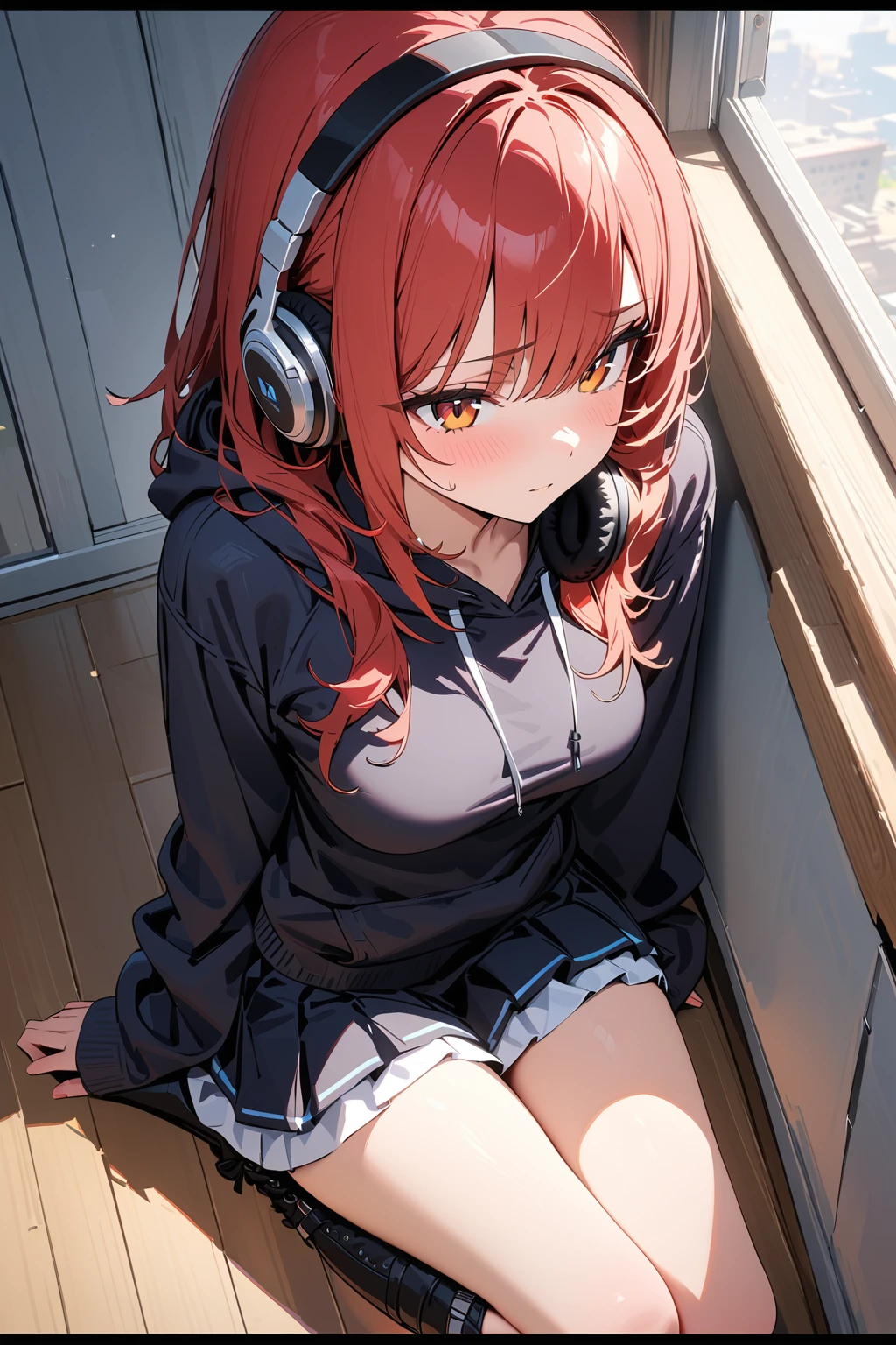 (masterpiece, best quality:1.5), (ultra detailed, high resolution, 8k, beautiful detailed, UHD, best anatomy), 1 cute girl, red hair, medium breasts, sleeves past fingers, Flared skirt, boots, blank expression, headphone, Hoodie