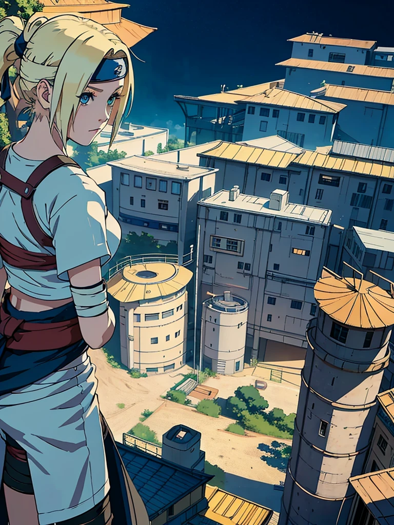 young girl, short hair, Blonde, fringe, blue eyes, makeup,  big breasts, small waist, Wide hips, white short sleeve t-shirt, bandage on abdomen, loose black pants below the waist, konoha waist bandana, bandage on the right hand, bandage on wrist, foot bandage, night leaf village, standing on a roof looking at the village, high quality, Extreme details, 4k, Masterpiece