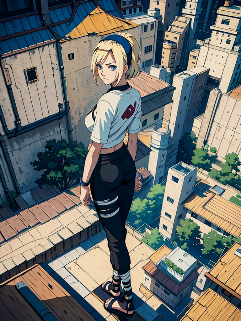 young girl, short hair, Blonde, fringe, blue eyes, makeup,  big breasts, small waist, Wide hips, white short sleeve t-shirt, bandage on abdomen, loose black pants below the waist, konoha waist bandana, bandage on the right hand, bandage on wrist, foot bandage, night leaf village, standing on a roof looking at the village, high quality, Extreme details, 4k, Masterpiece