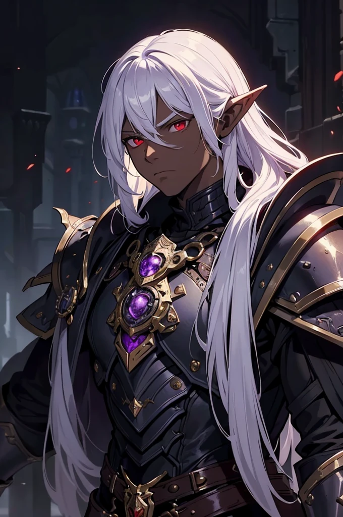masterpiece, best quality, ultra high res, dark theme, 1boy, (dungeonpunk armor), (mechanical steampunk armor), (wearing armor)fantasy illustration, dark skinned, human, upper body, portrait, red eyes, long white hair, half-drow, pointy ears, serious face, young man, dramatic lighting, purple hue, art by Kinema Citrus
