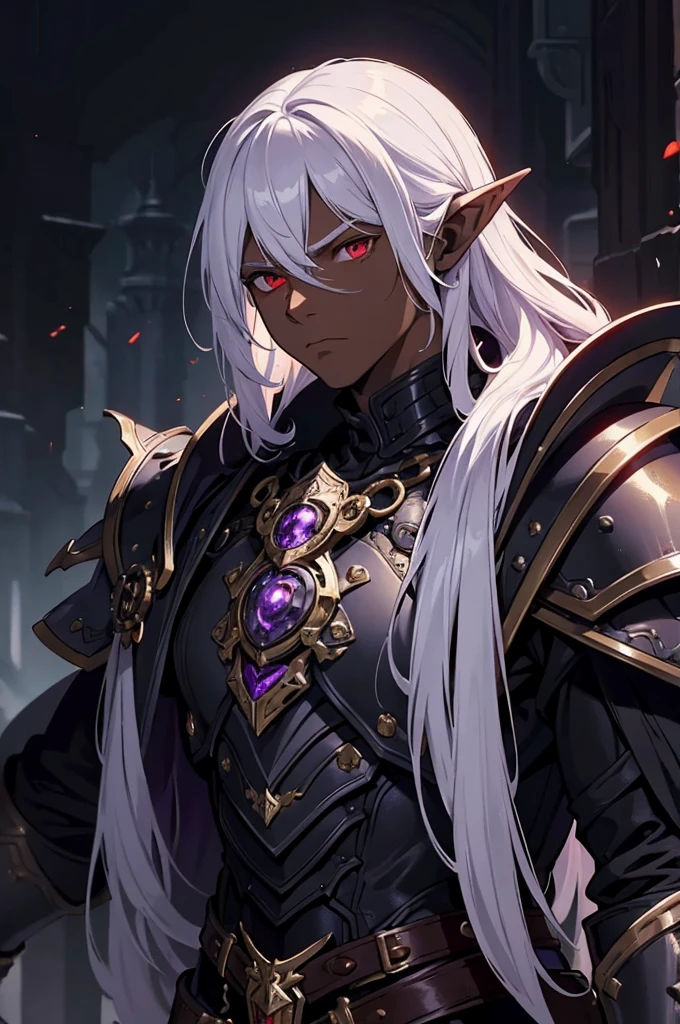 masterpiece, best quality, ultra high res, dark theme, 1boy, (dungeonpunk armor), (steampunk armor), (wearing armor)fantasy illustration, dark skinned, human, upper body, portrait, red eyes, long white hair, half-drow, pointy ears, serious face, young man, dramatic lighting, purple hue, art by Kinema Citrus