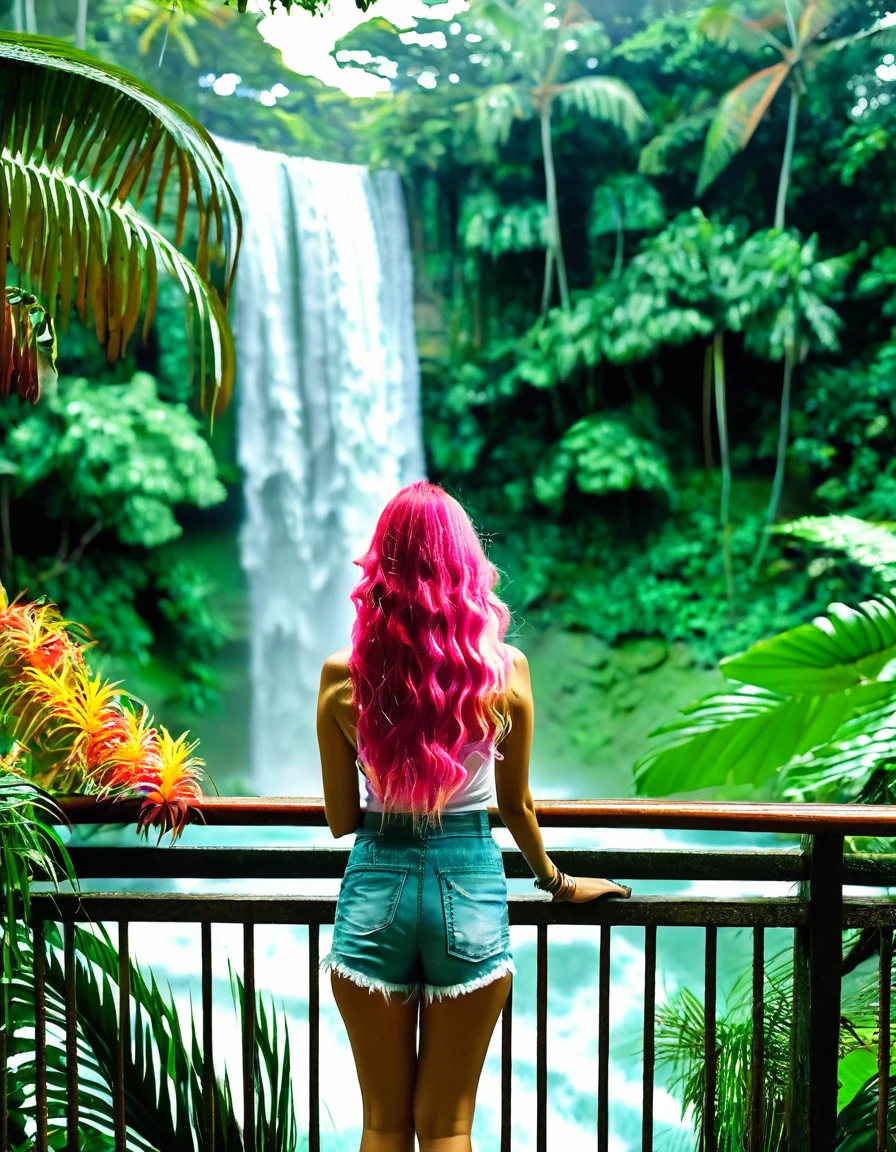 woman with long pink hair, standing on a railing in a  Singapore tropical garden, standing in a botanical garden, next to a waterfall, with trees and waterfalls, standing in front of a waterfall, in a jungle environment, standing near a waterfall, waterfall in the background, in a tropical forest, with waterfalls, waterfalls in the background, amidst nature, set on Singaporean aesthetic, wide angle shot, far away shot