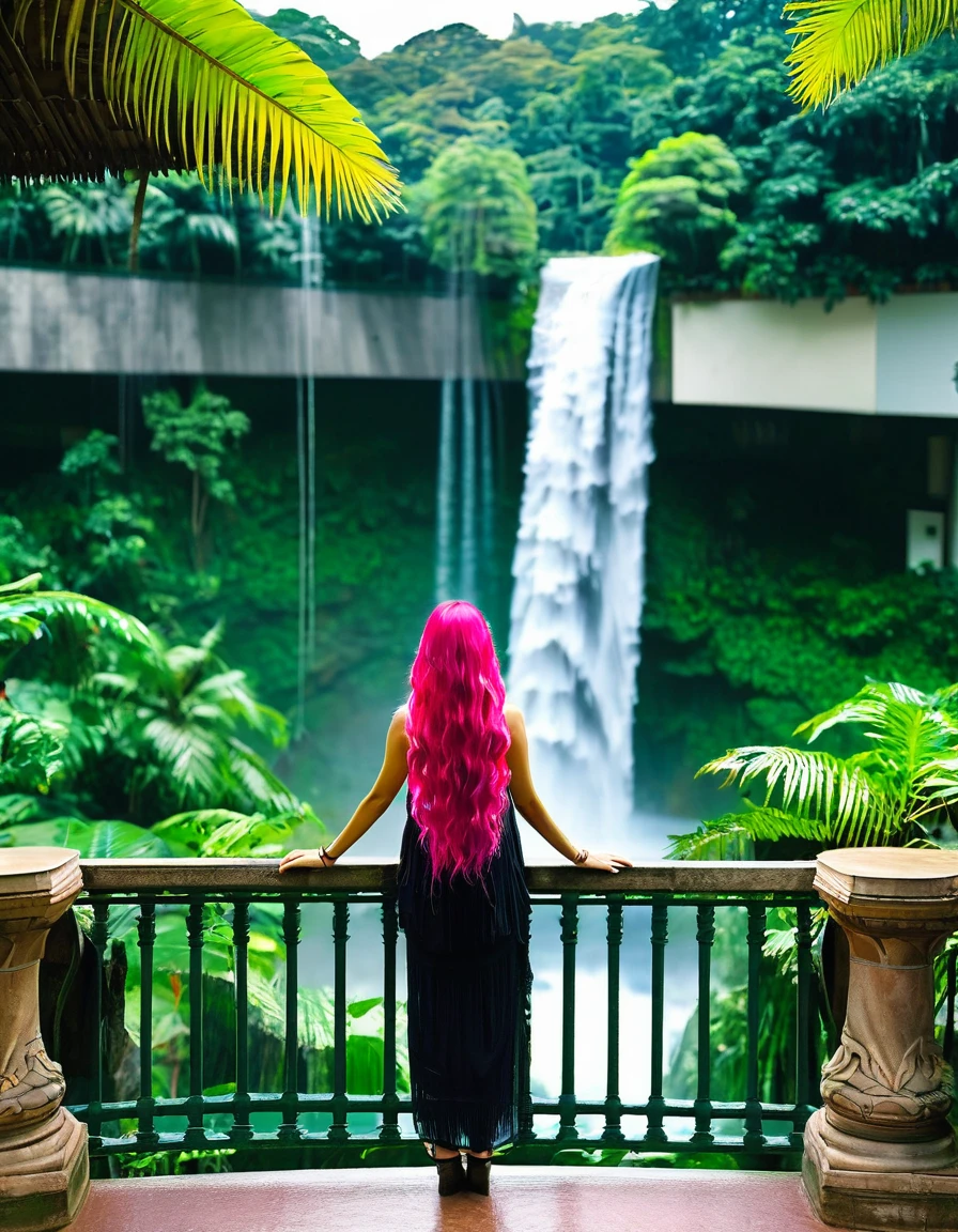 woman with long pink hair, standing on a railing in a Singapore tropical garden, standing in a botanical garden, next to a waterfall, with trees and waterfalls, standing in front of a waterfall, in a jungle environment, standing near a waterfall, waterfall in the background, in a tropical forest, with waterfalls, waterfalls in the background, amidst nature, set on Singaporean aesthetic, wide angle shot, far away shot