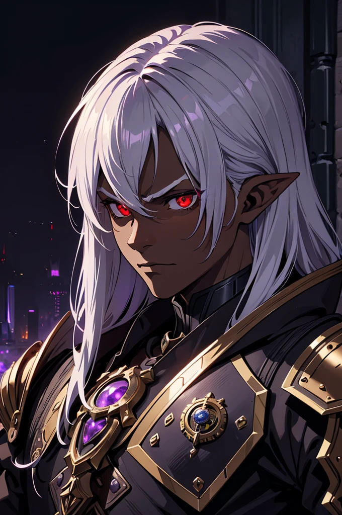 masterpiece, best quality, ultra high res, dark theme, 1boy, (dungeonpunk armor), (steampunk armor), (wearing armor)fantasy illustration, dark skinned, human, upper body, portrait, red eyes, long white hair, half-drow, pointy ears, serious face, young man, dramatic lighting, purple hue, art by Kinema Citrus