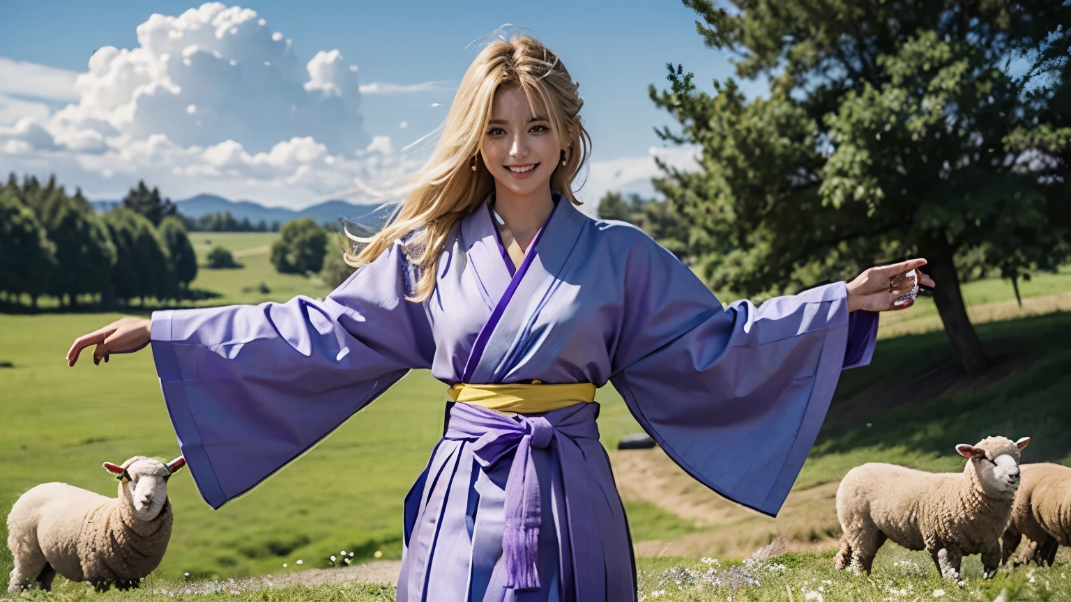 ((1 woman)), 25 years old. ((1 man, male)), 25 years old. Skin: Tanned. Hair: Straight hair, light blonde. Eyes: Blue or green. Features: Energetic expression, bright smile. ((Wearing a purple Hakama )). In a beautiful field, sheeps in the background