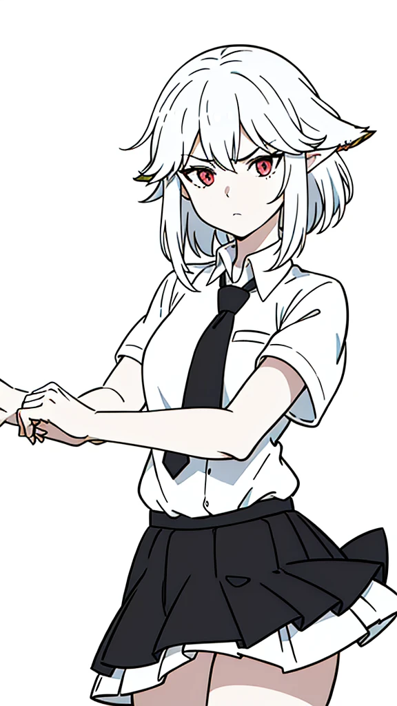 1girl ,20s,angry face,white shirt,short sleeves,(yae miko hair style),(black standard tie),white school skirt,(white hair),long hair,fox ears,cowboy shot,(white background, line drawing)