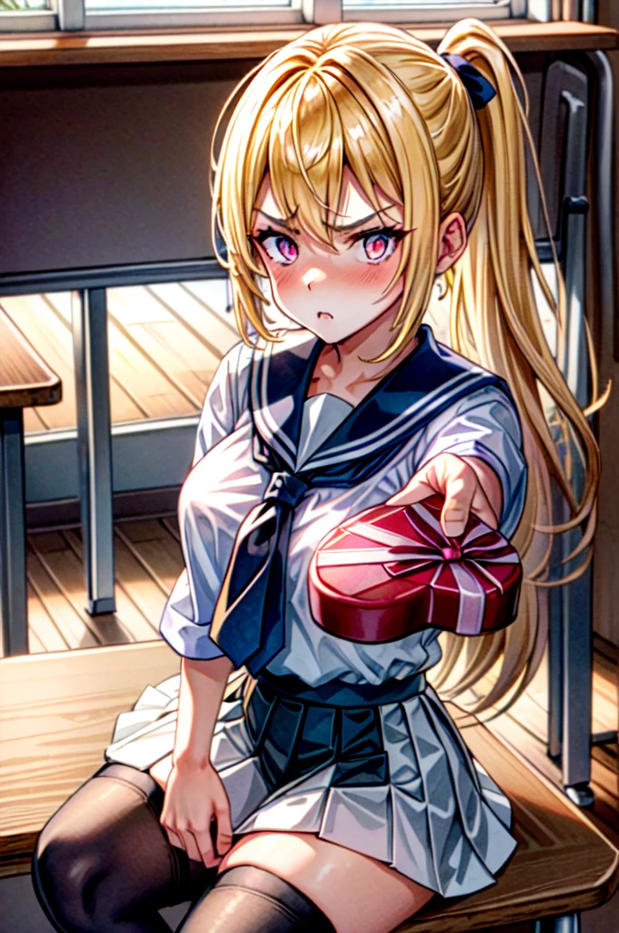 masterpiece, best quality, sunset, cowboy shot, view from above, 1girl, 21 year old girl, blonde hair, long hair, high ponytail, huge breasts, sitting on bench, crossed legs, white sailor fuku, blue plate skirt, black thigh highs, 
middle finger,
 IncrsGift, incoming gift,
 ((looking disgusted)), looking at viewer, red heart eyes,
in the classroom,