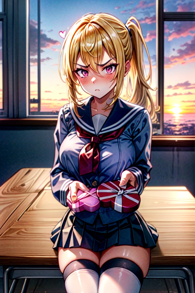 masterpiece, best quality, sunset, cowboy shot, view from above, 1girl, 21 year old girl, blonde hair, long hair, high ponytail, huge breasts, sitting on bench, crossed legs, white sailor fuku, blue plate skirt, black thigh highs, 
middle finger,
 IncrsGift, incoming gift,
 ((looking disgusted)), looking at viewer, red heart eyes,
in the classroom,