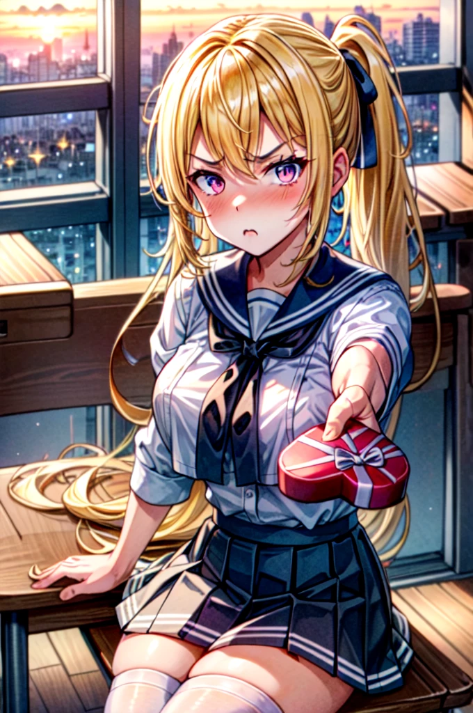 masterpiece, best quality, sunset, cowboy shot, view from above, 1girl, 21 year old girl, blonde hair, long hair, high ponytail, huge breasts, sitting on bench, crossed legs, white sailor fuku, blue plate skirt, black thigh highs, 
middle finger,
 IncrsGift, incoming gift,
 ((looking disgusted)), looking at viewer, red heart eyes,
in the classroom,