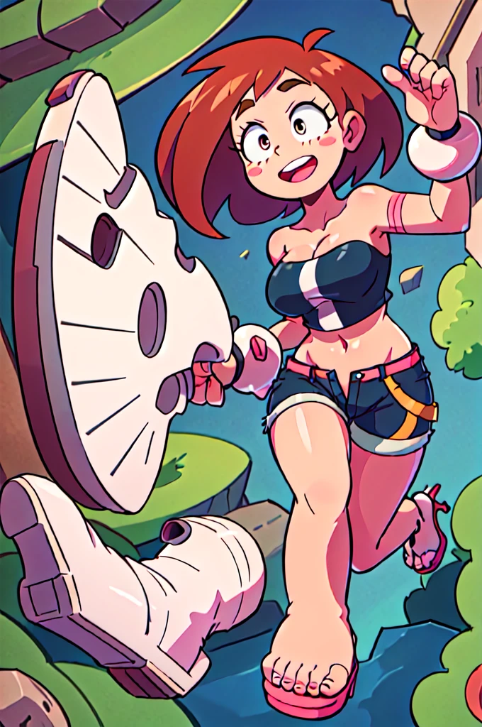 masterpiece, best quality, highres, hmochako, blush stickers, short hair, extra large breasts, pink strapless croptop, ((open-toe platform high heels)), tight , smile, open mouth, running, forest background, legs spread apart