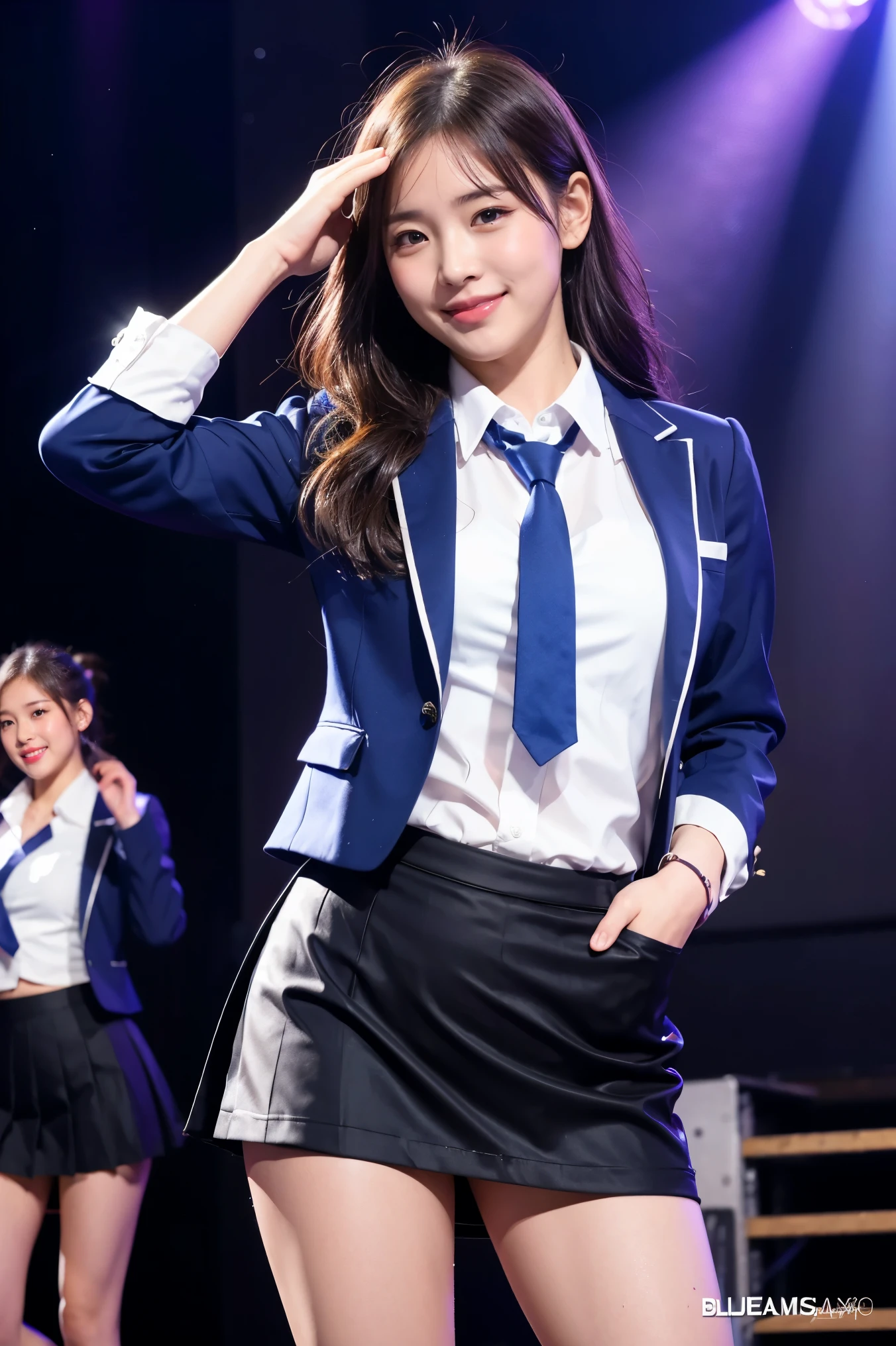 (8K), (highest quality: 1.2), (Realistic), (Realistic: 1.37), Ultra-high resolution, 1 girl, cute, (Embarrassed smile:1.2), (Blushing:1.4)Mouth closed, Beautiful details, Beautiful Nose, Wet Hair, カチューシャ,giant dulcefo, pork, Thighs,Navel exposed,University Student Uniform,A simple blazer,Pleated check skirt,Platform boots,Dancing on the school stage,(Shiny Thighs:1.2),Medium Shot