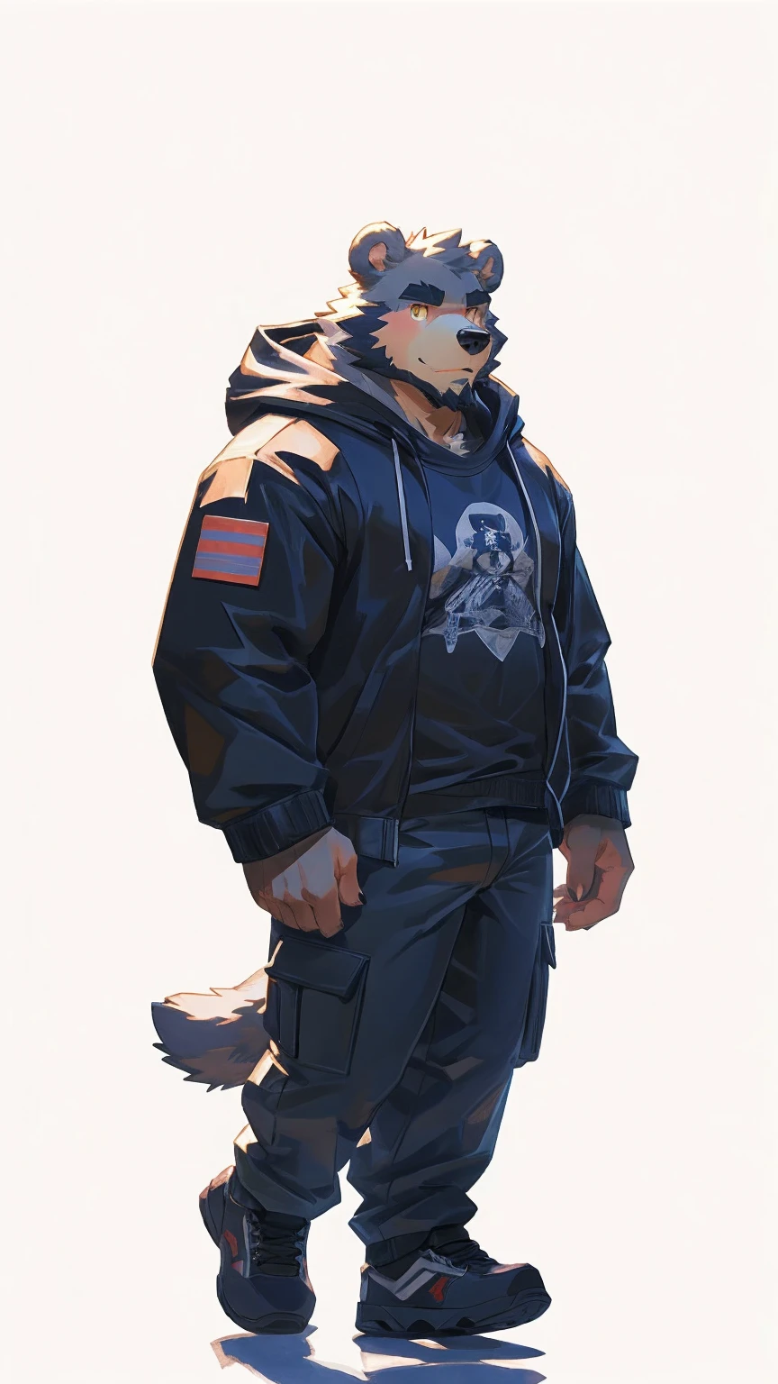 (masterpiece:1.2), best quality,pixiv,official art,perfect anatomy, (Ray tracing, light),solo, (1_male:1.3) , (muscle), (grey fur:1.4), (muscle bear), (beard:1.2), (gleaming golden eyes), bear tail, Thick black eyebrows,(open hooded parka), (t-shirt inside), jeans, (cargo pants:1.2), black shoes, (pure white background: 1.3)