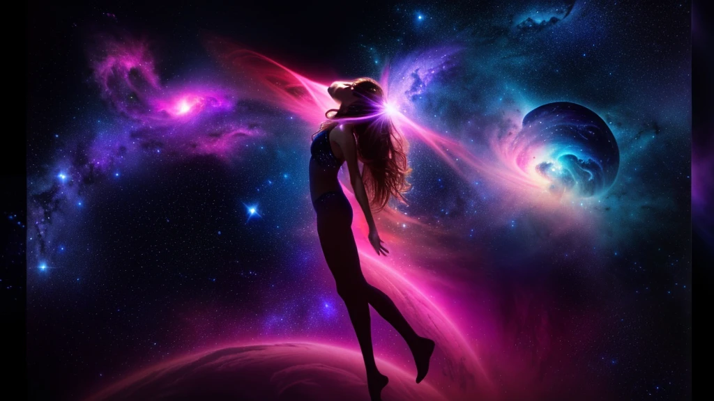 a lateral view of a girl with long hair flying through the air in the dark galaxy sky, floating in the cosmos nebula, floating in the universe, floating in a cosmic nebula, floating in space, floating in deep space, floatiung in front of a nebula, seeming to search for something from above, dim lights shining from above