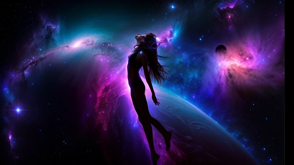 a close up of a woman's head in a galaxy like space, blonde girl in a cosmic dress, magical fairy floating in space, in the astral plane ) ) ), floating in the cosmos nebula, floating in a cosmic nebula, goddess of galaxies, cosmic goddess, elven spirit meditating in space, anime girl with cosmic hair, portrait of a cosmic goddess