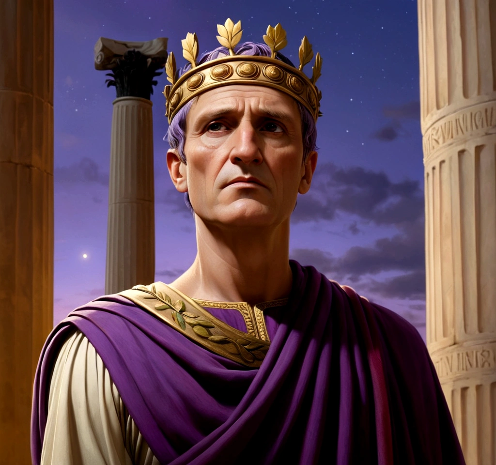 The painting depicts Julius Caesar, Emperor of Rome, facing the observer, his expression is serene and authoritative, he wears a richly adorned purple imperial toga, a golden laurel crown rests on his head, his gaze is piercing and conveys wisdom and power, in the background, Roman columns and a twilight sky add majesty to the scene, the soft lighting highlights the details of his face and attire, creating a depth and realism effect characteristic of the Renaissance.