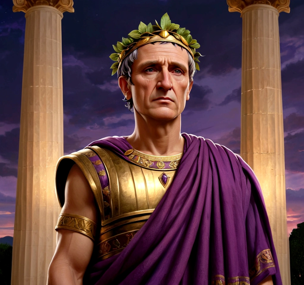 The painting depicts Julius Caesar, Emperor of Rome, facing the observer, his expression is serene and authoritative, he wears a richly adorned purple imperial toga, a golden laurel crown rests on his head, his gaze is piercing and conveys wisdom and power, in the background, Roman columns and a twilight sky add majesty to the scene, the soft lighting highlights the details of his face and attire, creating a depth and realism effect characteristic of the Renaissance.