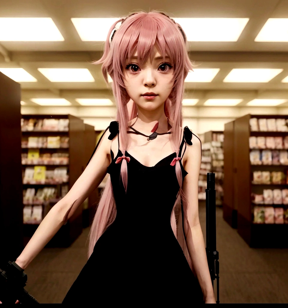 Close-up of a person in a dress holding a gun, Mirai Nikki, as anime character, anime girl in a black dress, anime girl named gasai yuno, anime style like destiny/Overnight stay, in the anime movie, screenshot from a 2012 anime, female anime character, tv anime frame, in an anime