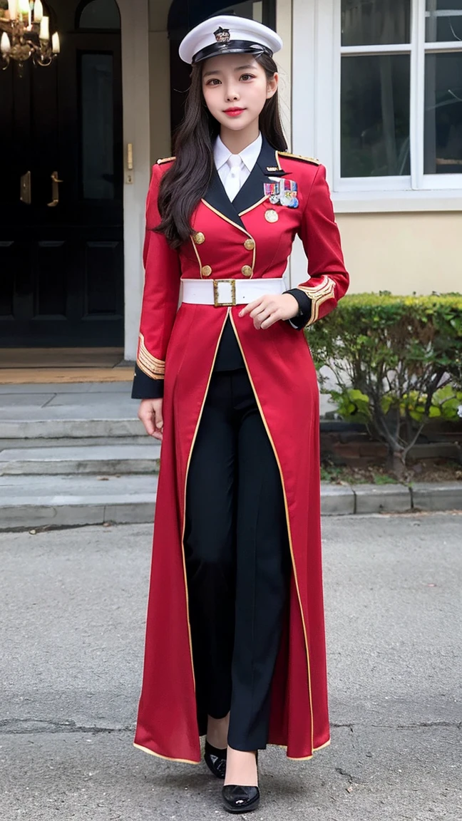 Full Body Photo、最high quality, masterpiece, 32k、Very detailed、Realistic、1 girl, Japanese women、Wine red military uniform costume、High-grade, futuristic, sexy costume, Elegant wine-red military uniform、US Army military uniform hat、Attractive K-pop idol-like outfits、Wine red military uniform、class seal、Wearing a wine red military uniform hat(military officer uniform hat), Cute face, (photo Actual:1.3),Edge lighting, (Skin with attention to detail:1.2), 8K超High resolution, Single-lens reflex camera, high quality, High resolution, 4K, 8K, Optimal ratio of four fingers to one thumb, (Actual:1.3), cute 1 girl, Realistic、Super Realistic、32k、Very detailed、masterpiece, 最high quality, beautiful girl, beauty、Gorgeous girl, Medium chest、Big Ass, Narrow waist, Leg spread, Plenty of facial detail, City of the Future, Super detailed, High resolution, masterpiece, high quality, High resolution,
