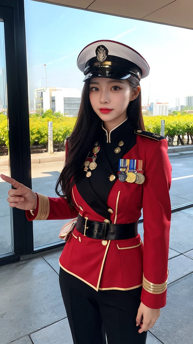 Full Body Photo、最high quality, masterpiece, 32k、Very detailed、Realistic、1 girl, Japanese women、Wine red military uniform costume、High-grade, futuristic, sexy costume, Elegant wine-red military uniform、US Army military uniform hat、Attractive K-pop idol-like outfits、Wine red military uniform、class seal、Wearing a wine red military uniform hat(military officer uniform hat), Cute face, (photo Actual:1.3),Edge lighting, (Skin with attention to detail:1.2), 8K超High resolution, Single-lens reflex camera, high quality, High resolution, 4K, 8K, Optimal ratio of four fingers to one thumb, (Actual:1.3), cute 1 girl, Realistic、Super Realistic、32k、Very detailed、masterpiece, 最high quality, beautiful girl, beauty、Gorgeous girl, Medium chest、Big Ass, Narrow waist, Leg spread, Plenty of facial detail, City of the Future, Super detailed, High resolution, masterpiece, high quality, High resolution,
