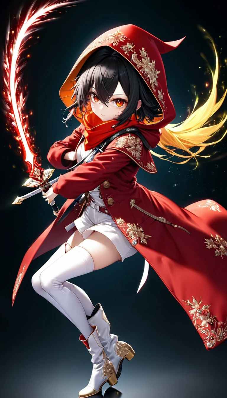 Highest quality, Super quality, 16K, Incredibly absurd, Very detailed, delicate and dynamic, A cool beauty and a cute female swordsman, Big Holy Sword, A long red coat with a gold embroidered hood, Wearing a hood, White pants, Knee-high boots, Black messy hair and hair between the eyes, Glowing aura image effect