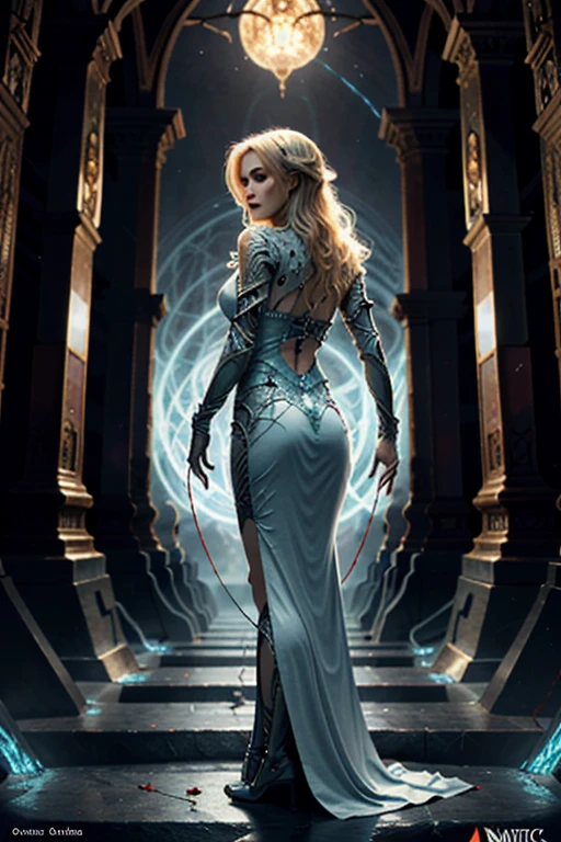 hyper realistic, 8k, award winning digital art, dark fantasy, dramatic lighting, full body shot, facing away, wide angle, back view, deep shadows, a vampiric goddess and her victim, extremely detailed skin, perfect blonde wavy hair, (A vampire goddess is hypnotizing her victim with hand gestures), (she is using her supernatural powers to psychically draw her victim's blood out of its body), hemokinesis, (there are lots of blood lines floating around the environment, flowing towards the vampire goddess's hand), she is wearing a very intricate organic exoskeleton detailed with glass textures, the sensuality she exudes is hard to resist, the scene unfolds in a dungeon dimly illuminated by a red glow, dark magic ritual, forbidden sorcery, pale blue and olive hues, mystical energy, dramatic lighting, chiaroscuro, moody atmosphere, cinematic composition, Yoshitaka Amano style