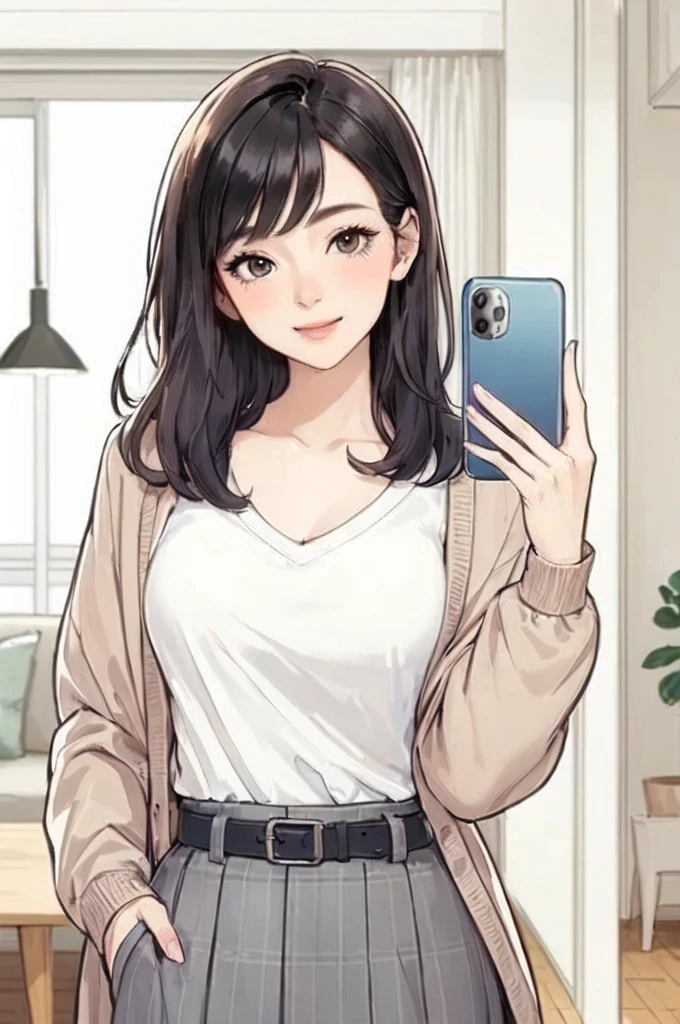1 lady standing, ((holding smartphone) before:1.2), (Selfie), (Stylish and chic clothing), Mature female, /(Black Hair/) Bangs, Blushing smile, (Masterpiece Best Quality:1.2) Exquisite illustrations with rich details, Big BreastsBREAK (Back of smartphone), Camera lens damaged (Modern house living room) indoors