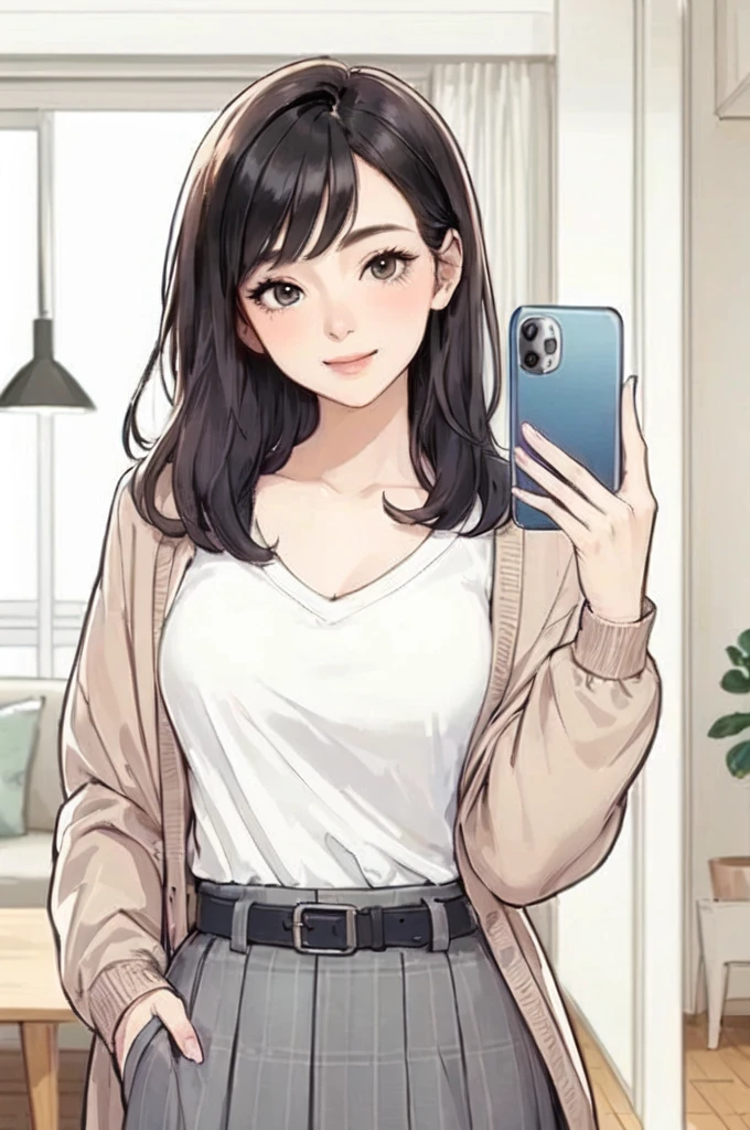 1 lady standing, ((holding smartphone) before:1.2), (Selfie), (Stylish and chic clothing), Mature female, /(Black Hair/) Bangs, Blushing smile, (Masterpiece Best Quality:1.2) Exquisite illustrations with rich details, Big BreastsBREAK (Back of smartphone), Camera lens damaged (Modern house living room) indoors