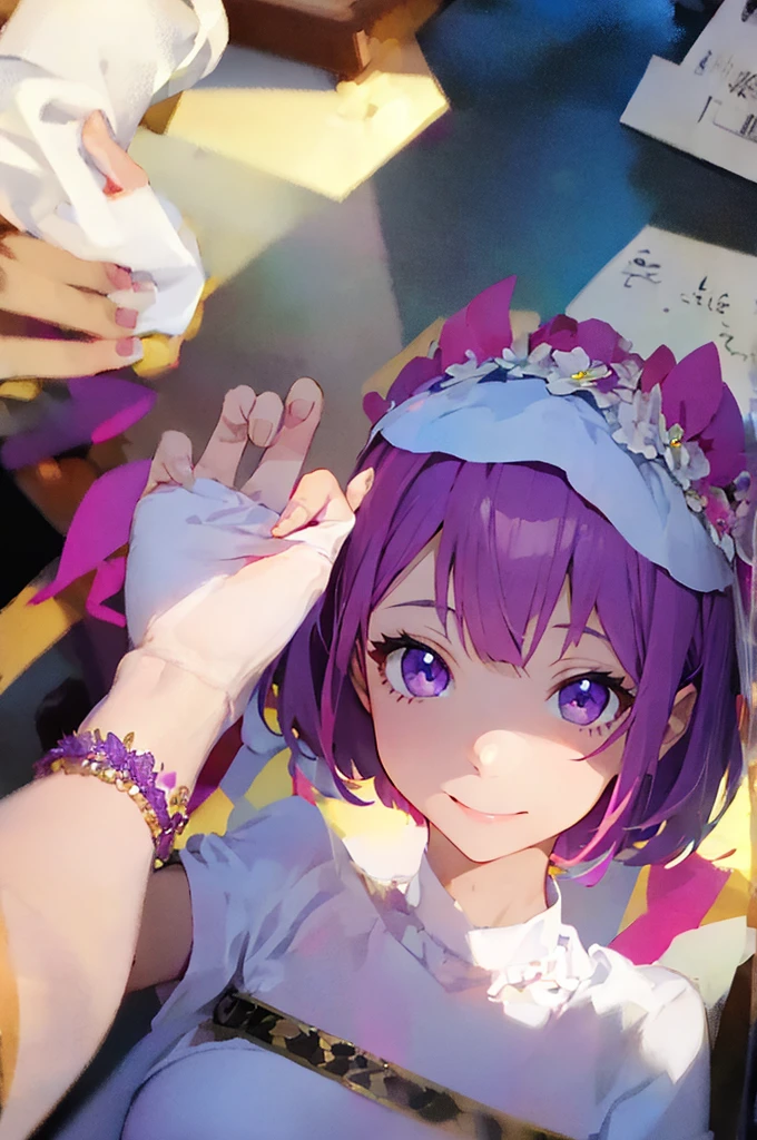 masterpiece、high detail girls((solo、a beauty girl、doress、Hair ornaments with attention to detail、Hair is tied up))、purple color hair、good、Short Bob、Transcendent smile、smile、Background with((fantastic wedding))、Glowing flower garden、diamond flower、gem stones