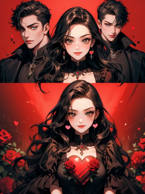 masterpiece, collage of couple, 1 woman, a beautiful female, long wavy black hair, brown eyes, gothic outfit, valentine, happy, smile, chocolate, roses, hearts