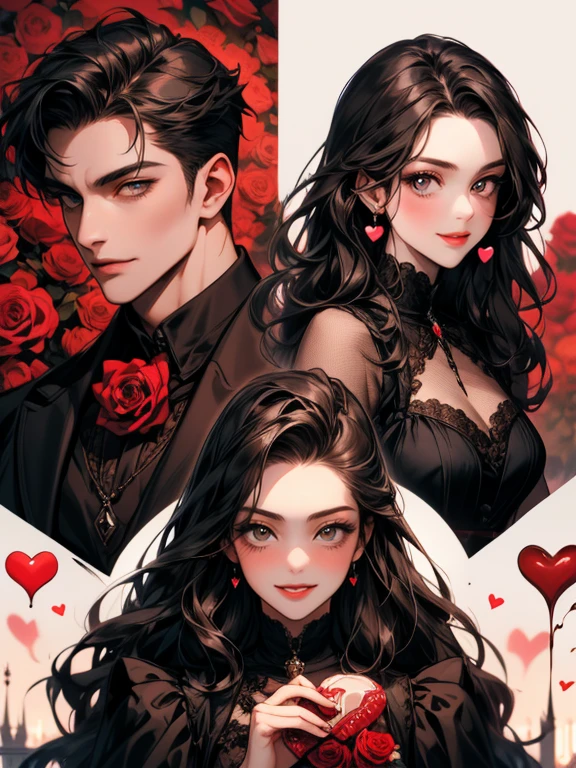 masterpiece, collage of couple,  1 woman, a beautiful female, long wavy black hair, brown eyes, gothic outfit, valentine, happy, smile, chocolate, roses, hearts