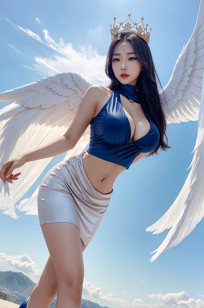 Hot Korean woman wearing a hijab and tight dress showing cleavage and Belly button wearing a crown with angelic wings, high heels, with sky background 