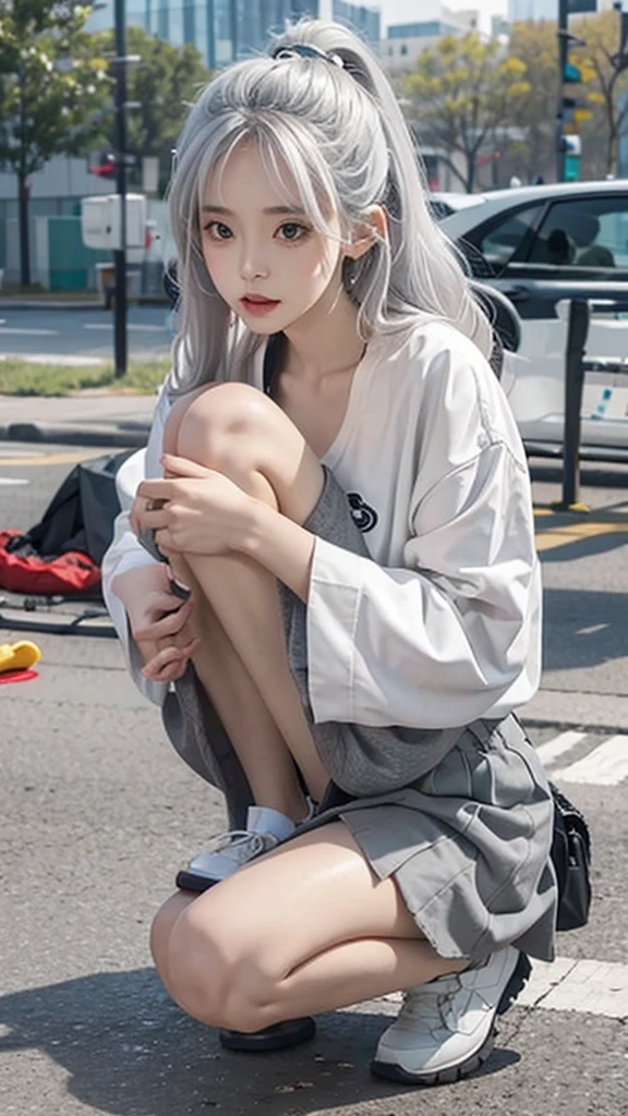 1girll),Squat on the ground to defecate,There is also feces and liquid on the ground,There are also liquids,Urine can be seen,大腿上There are also liquids,Between the legs facing the camera,Details can be seen on the inner thigh,(breast-feeding)()(),Conker,Moisturizes the skin,sweatyskin,Wavy white hair,Gray hair, gray hair,White hip-wrapped skirt