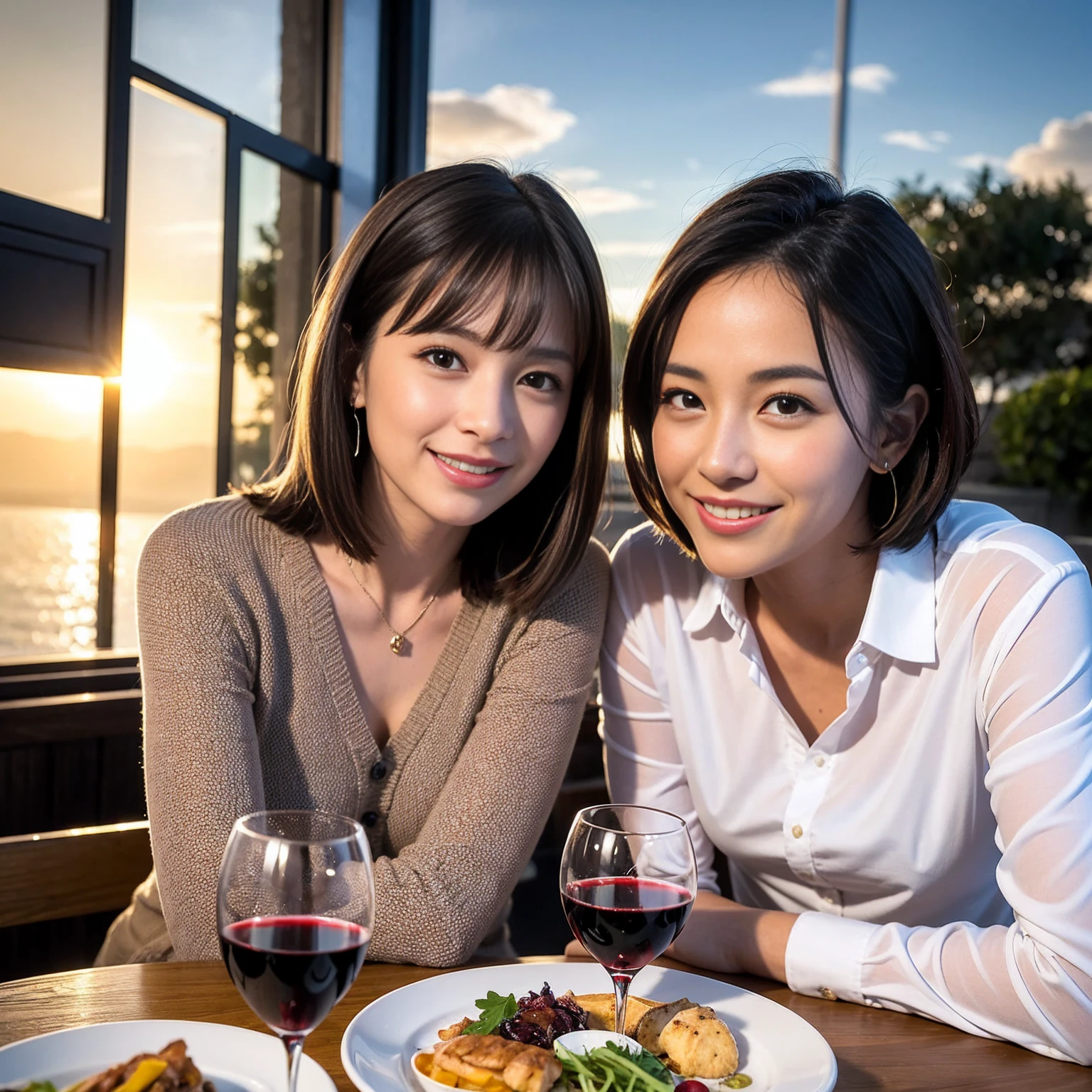 ((Highest quality、8K、masterpiece:1.3))、 (Ultra-realistic、 Genuine、Bright image、Intricate details:1.2), 最高のsmile、1 male 1 female、Beautiful couple、love love love、A gentle lover、Good friends、actress couple、smile、Full-course dinner at a packed table、 (Slim face), (the body is slim), (Brown Hair), (short hair), テーブルのwine glass、Please shine a light on my face、 Amazing view of the sunset sky and clouds、 34 years old 39 years old, red wine 、Appetizers、Wine bottle、sparkling wine、Long sleeve shirt、dress、White wine, red wine, wine glass,