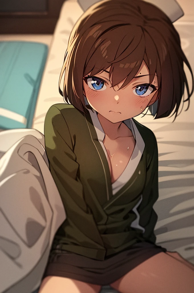Highest quality, masterpiece, 4K, Highly detailed face, Highly detailed skin, Highly detailed wallpaper, Japanese anime, Second Dimension, Fine skin, Very beautiful cleavage, NSFW, , whole body, One girl, Embarrassed face, On the bed, Bob Hairstyle, Brown Hair, Detective Conan, Haibara Ai, Shelley, Sweaty, Adult appearance, Cosplay, Nurse uniform, mini skirt, Female , gets on the face, Eyes are hearts, Masturbating, Squirting, Seducing a man, Spread your legs in an M shape